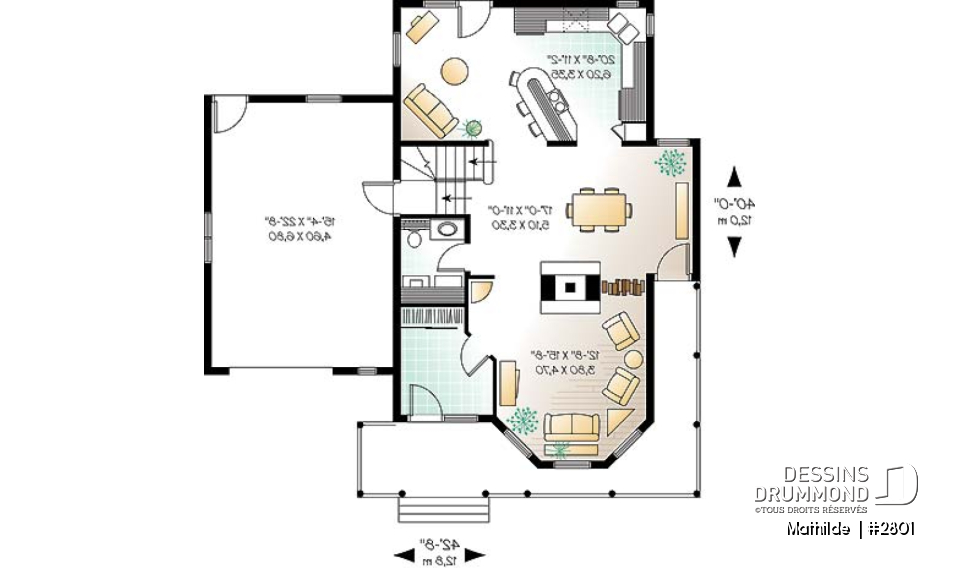 Rez-de-chaussée - Plan de maison victorienne 3 chambres, foyer deux faces, garage avec grand espace boni au-dessus  - Mathilde 