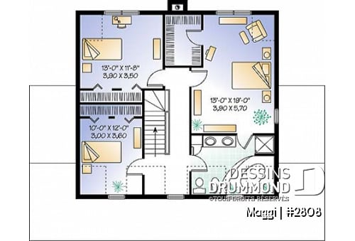 Étage - Plan de maison champêtre 3 chambres, garage, grande suite des maîtres, grand balcon couvert - Maggi