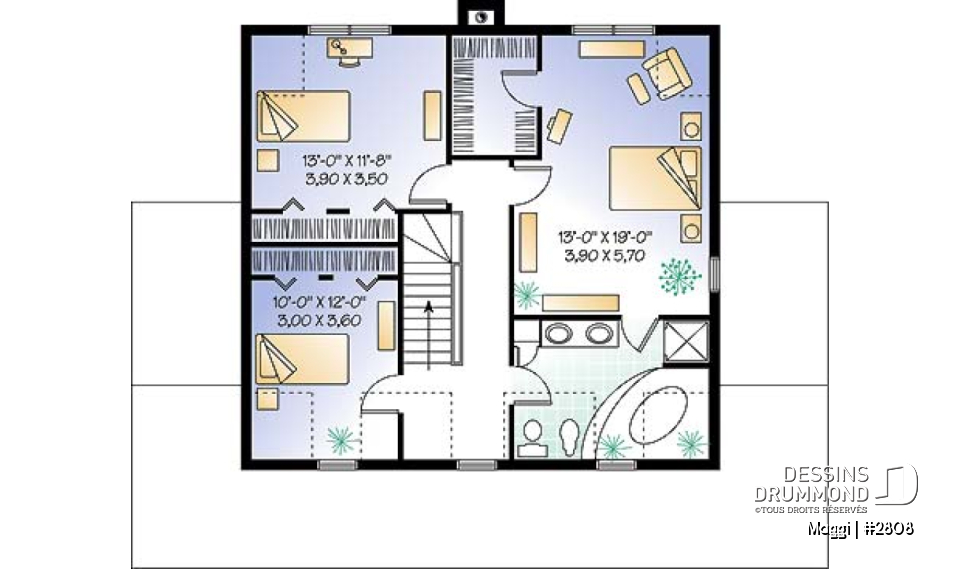 Étage - Plan de maison champêtre 3 chambres, garage, grande suite des maîtres, grand balcon couvert - Maggi