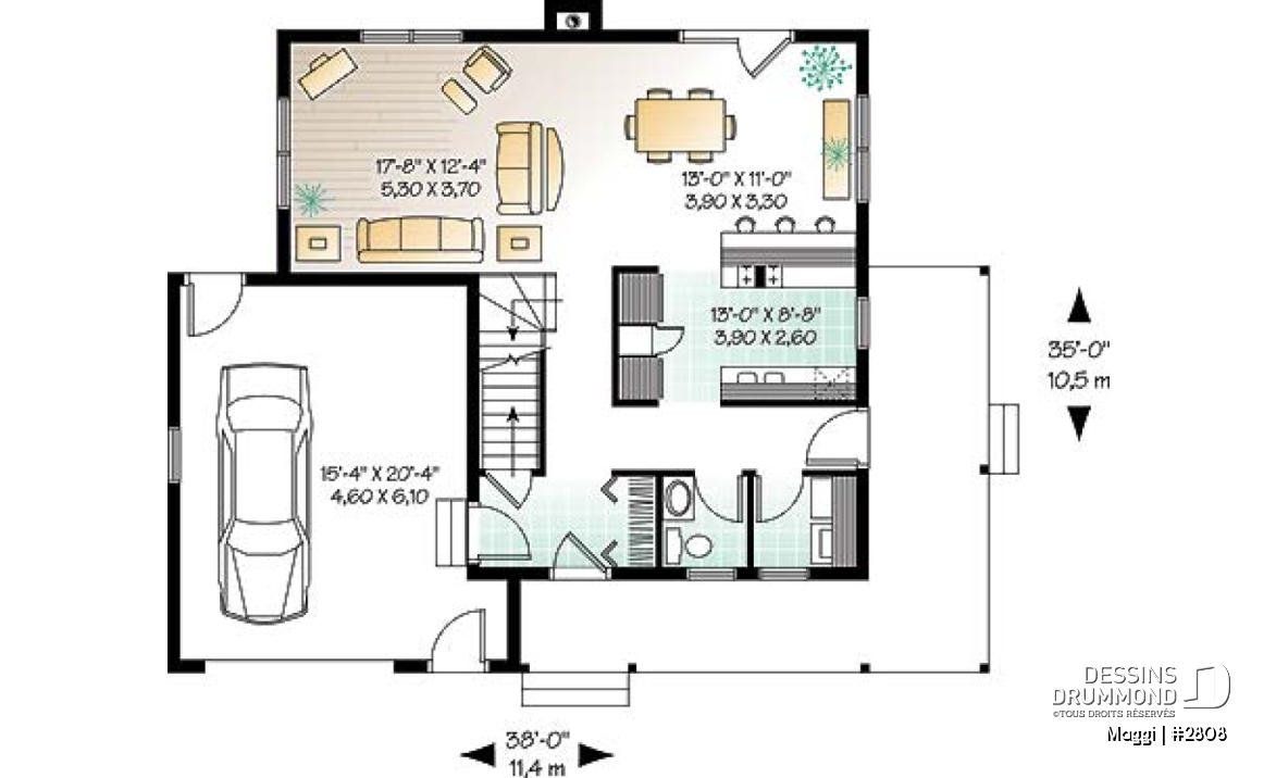 Rez-de-chaussée - Plan de maison champêtre 3 chambres, garage, grande suite des maîtres, grand balcon couvert - Maggi