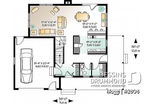 Rez-de-chaussée - Plan de maison champêtre 3 chambres, garage, grande suite des maîtres, grand balcon couvert - Maggi