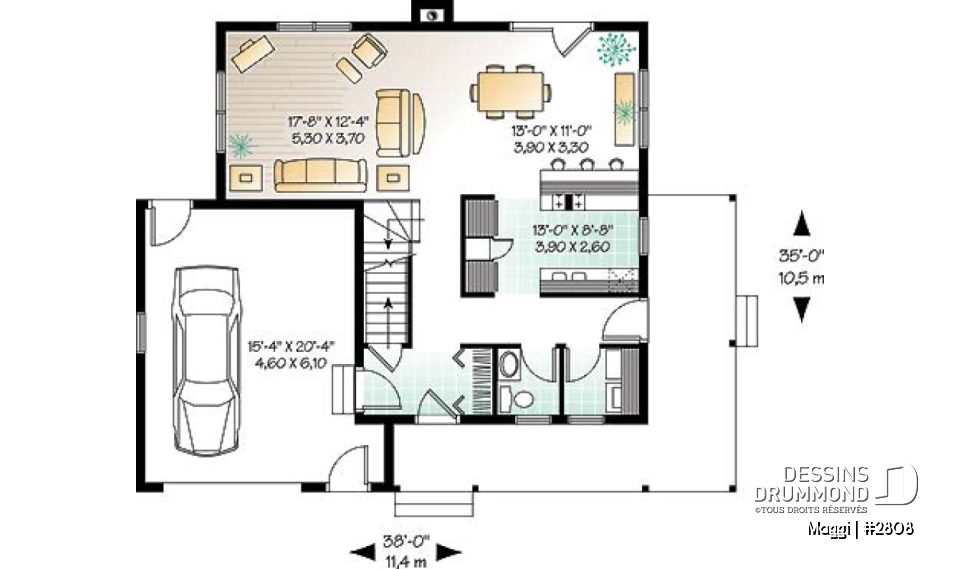 Rez-de-chaussée - Plan de maison champêtre 3 chambres, garage, grande suite des maîtres, grand balcon couvert - Maggi