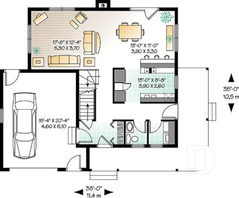 Rez-de-chaussée - Plan de maison champêtre 3 chambres, garage, grande suite des maîtres, grand balcon couvert - Maggi