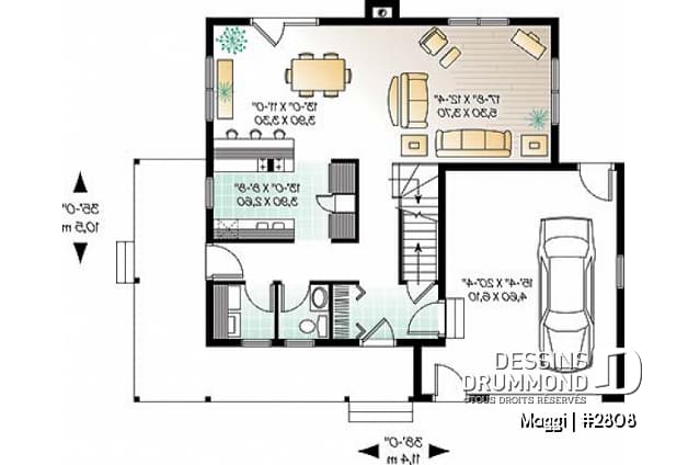 Rez-de-chaussée - Plan de maison champêtre 3 chambres, garage, grande suite des maîtres, grand balcon couvert - Maggi