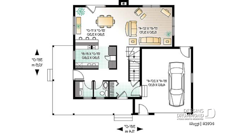 Rez-de-chaussée - Plan de maison champêtre 3 chambres, garage, grande suite des maîtres, grand balcon couvert - Maggi