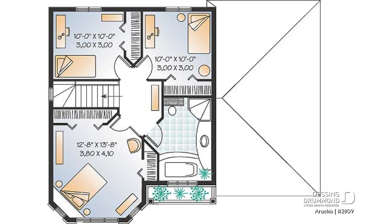 Étage - Plan de maison à étage, portes françaises à la salle familiale, 3 chambres, vestibule fermé, garage - Arachis