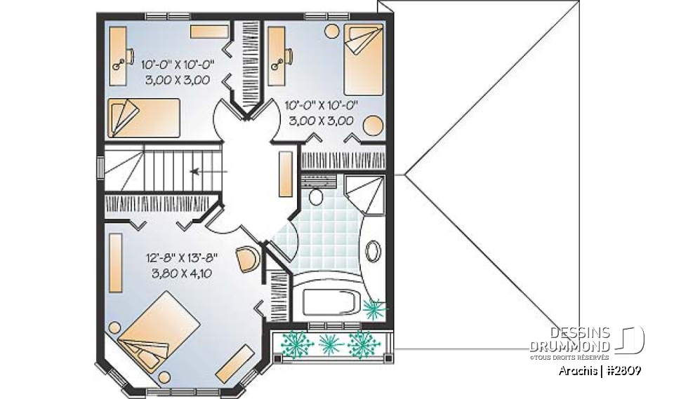 Étage - Plan de maison à étage, portes françaises à la salle familiale, 3 chambres, vestibule fermé, garage - Arachis