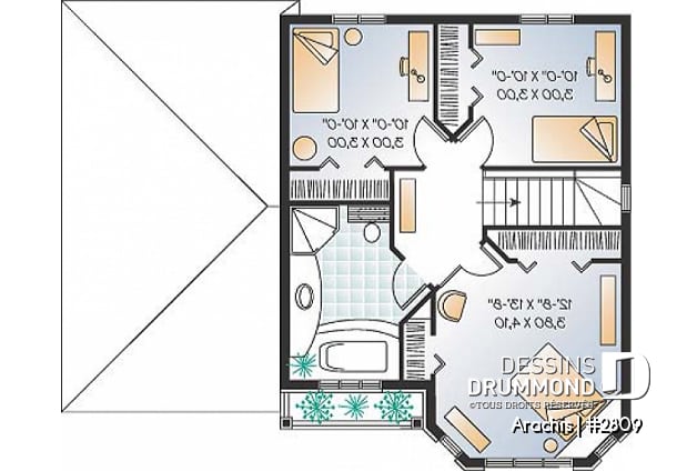 Étage - Plan de maison à étage, portes françaises à la salle familiale, 3 chambres, vestibule fermé, garage - Arachis