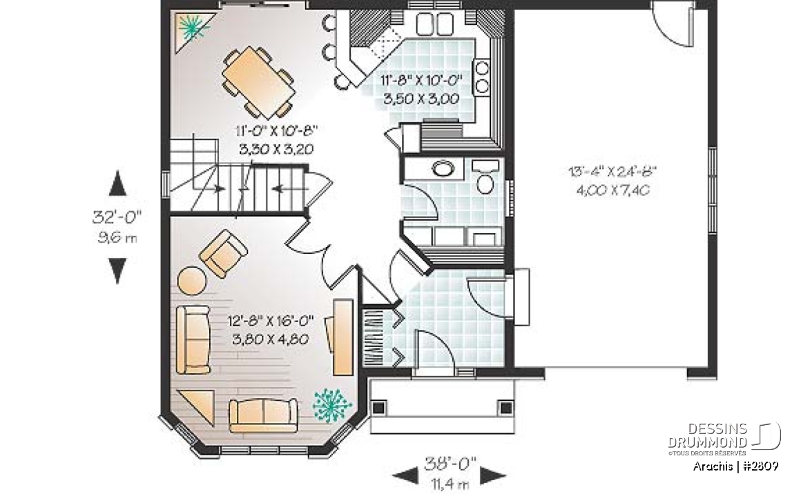 Rez-de-chaussée - Plan de maison à étage, portes françaises à la salle familiale, 3 chambres, vestibule fermé, garage - Arachis