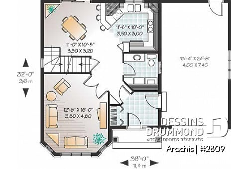 Rez-de-chaussée - Plan de maison à étage, portes françaises à la salle familiale, 3 chambres, vestibule fermé, garage - Arachis