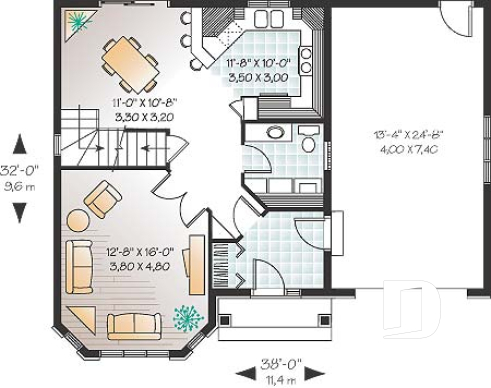 Rez-de-chaussée - Plan de maison à étage, portes françaises à la salle familiale, 3 chambres, vestibule fermé, garage - Arachis