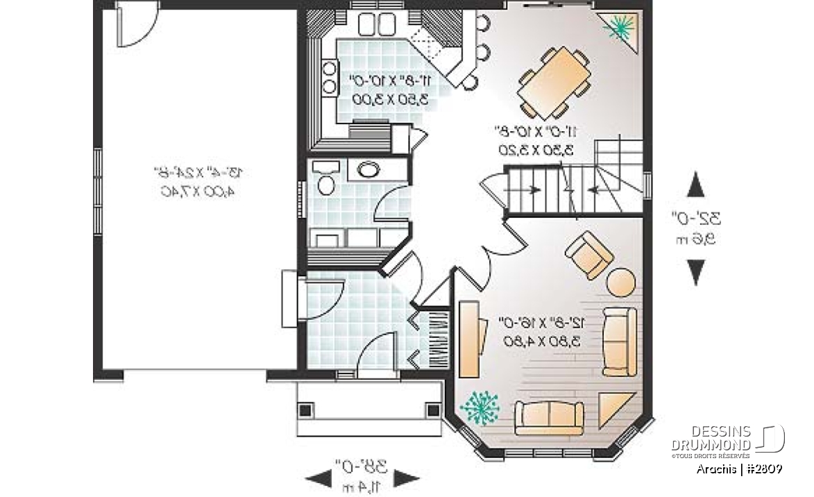 Rez-de-chaussée - Plan de maison à étage, portes françaises à la salle familiale, 3 chambres, vestibule fermé, garage - Arachis