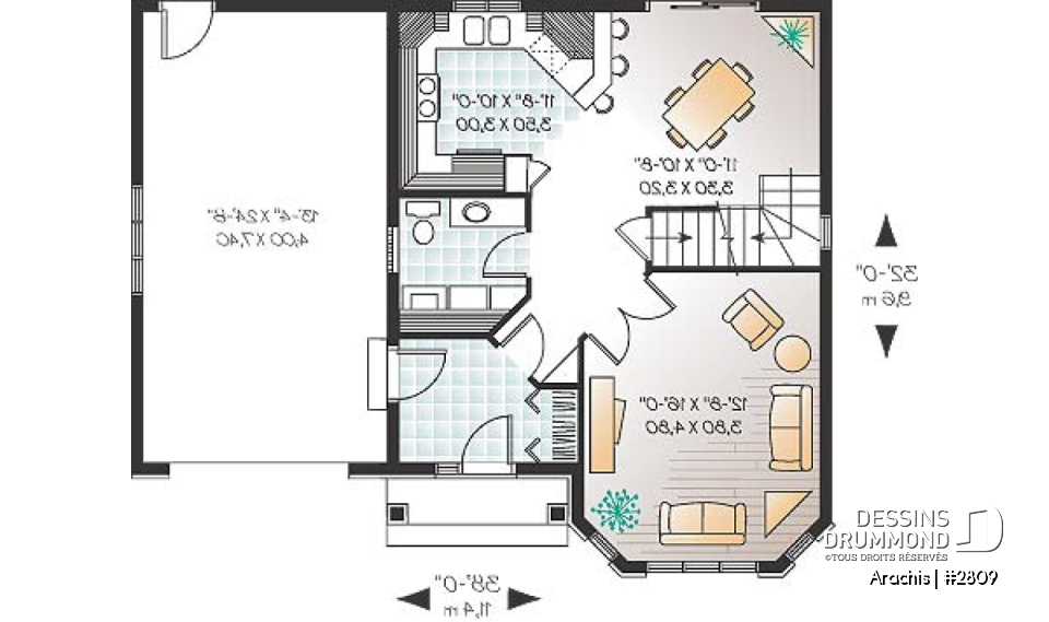 Rez-de-chaussée - Plan de maison à étage, portes françaises à la salle familiale, 3 chambres, vestibule fermé, garage - Arachis