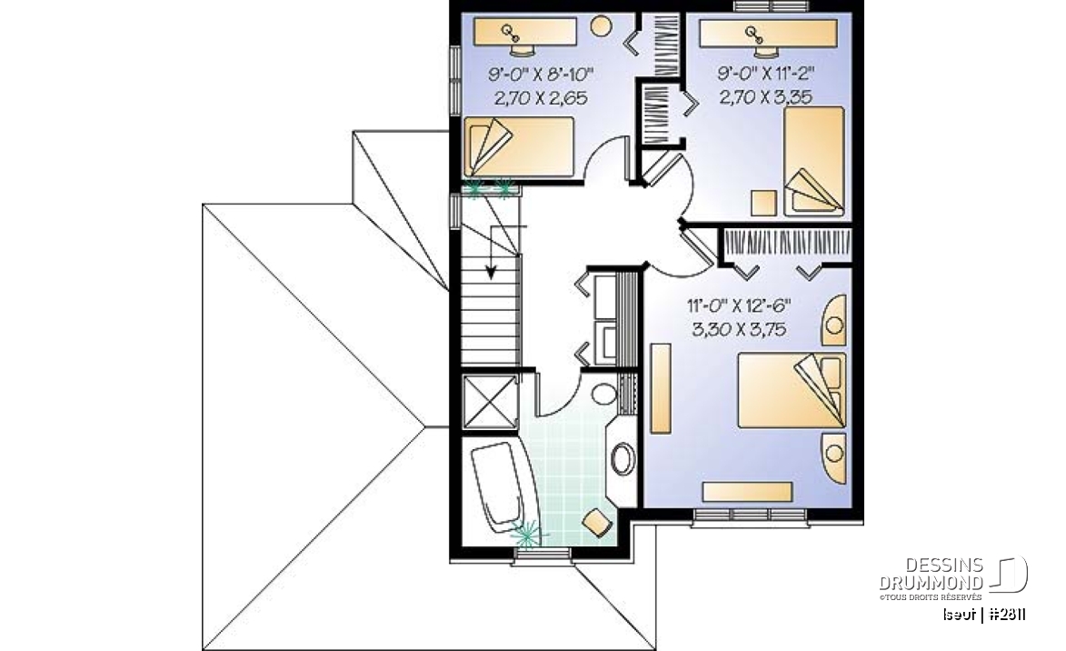 Étage - Plan de maison à étage avec garage, 3 chambres, 1.5 salle de bain, grande salle de séjour, aire ouverte - Iseut