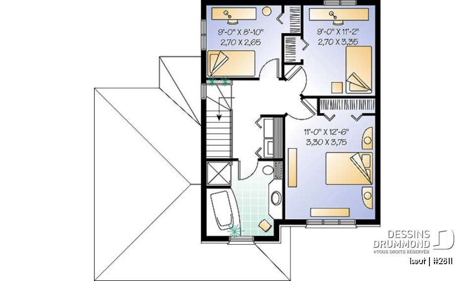 Étage - Plan de maison à étage avec garage, 3 chambres, 1.5 salle de bain, grande salle de séjour, aire ouverte - Iseut