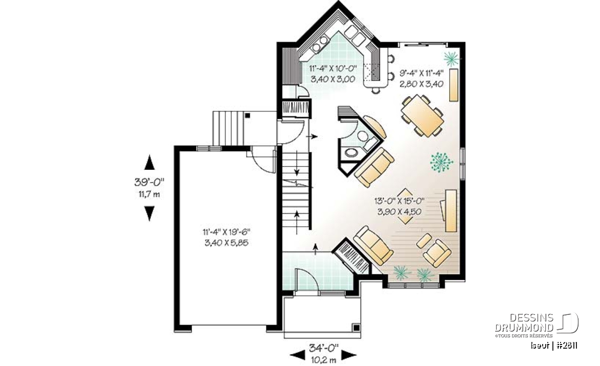 Rez-de-chaussée - Plan de maison à étage avec garage, 3 chambres, 1.5 salle de bain, grande salle de séjour, aire ouverte - Iseut