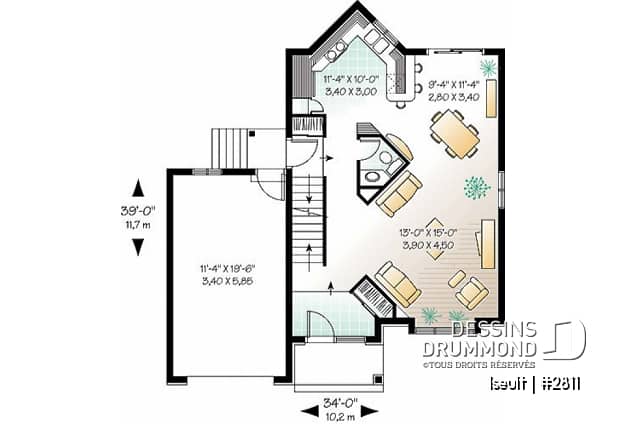 Rez-de-chaussée - Plan de maison à étage avec garage, 3 chambres, 1.5 salle de bain, grande salle de séjour, aire ouverte - Iseut