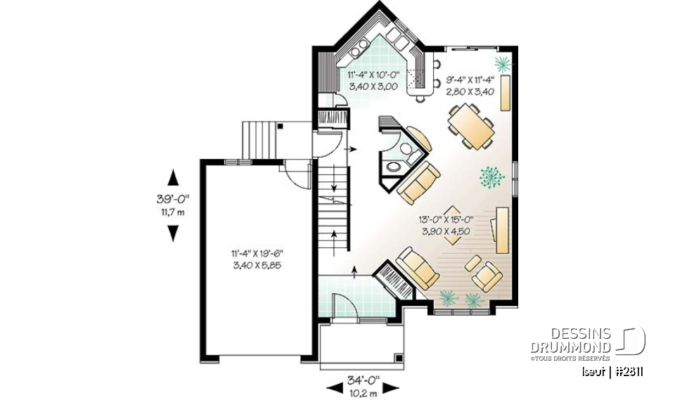Rez-de-chaussée - Plan de maison à étage avec garage, 3 chambres, 1.5 salle de bain, grande salle de séjour, aire ouverte - Iseut