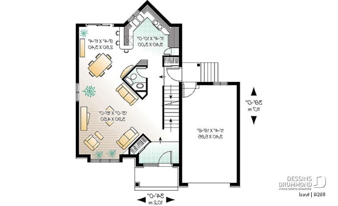 Rez-de-chaussée - Plan de maison à étage avec garage, 3 chambres, 1.5 salle de bain, grande salle de séjour, aire ouverte - Iseut
