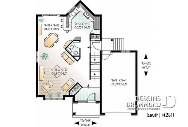 Rez-de-chaussée - Plan de maison à étage avec garage, 3 chambres, 1.5 salle de bain, grande salle de séjour, aire ouverte - Iseut
