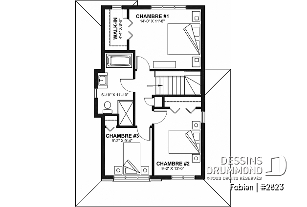 Étage - Plan de maison à étage 3 chambres, garage, grande cuisine, buanderie au rez-de-chaussée - Fabien