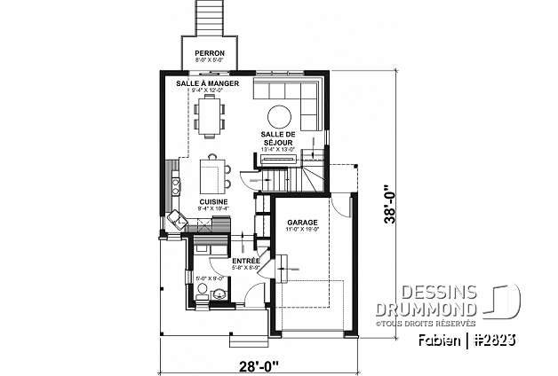 Rez-de-chaussée - Plan de maison à étage 3 chambres, garage, grande cuisine, buanderie au rez-de-chaussée - Fabien