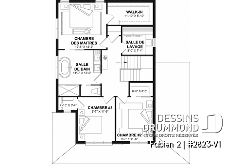 Étage - Plan de maison avec garage, 3 chambres, sous-sol non-fini à aménager, cuisine avec garde-manger - Fabien 2