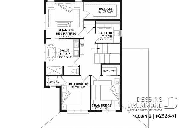 Étage - Plan de maison avec garage, 3 chambres, sous-sol non-fini à aménager, cuisine avec garde-manger - Fabien 2