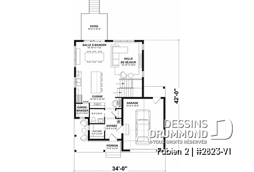 Rez-de-chaussée - Plan de maison avec garage, 3 chambres, sous-sol non-fini à aménager, cuisine avec garde-manger - Fabien 2