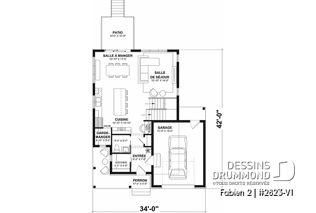 Rez-de-chaussée - Plan de maison avec garage, 3 chambres, sous-sol non-fini à aménager, cuisine avec garde-manger - Fabien 2