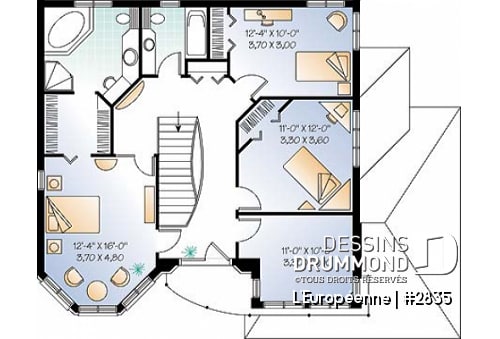 Étage - Plan de maison de style manoir avec 3 à 4 chambres, salle familiale et séjour - L'Européenne
