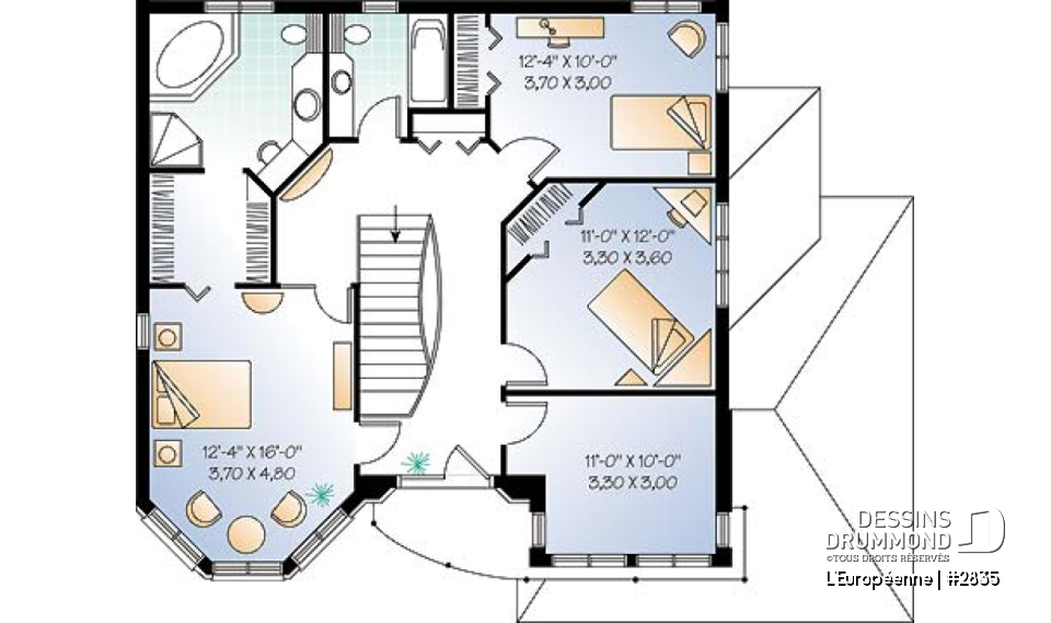 Étage - Plan de maison de style manoir avec 3 à 4 chambres, salle familiale et séjour - L'Européenne