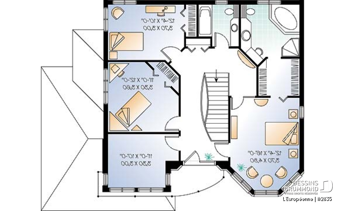 Étage - Plan de maison de style manoir avec 3 à 4 chambres, salle familiale et séjour - L'Européenne