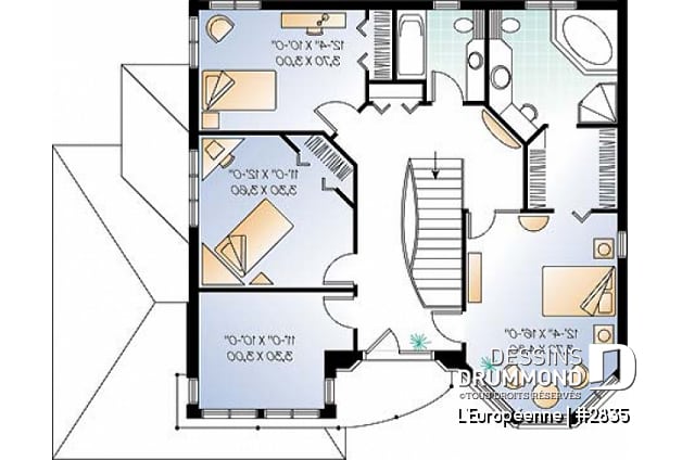 Étage - Plan de maison de style manoir avec 3 à 4 chambres, salle familiale et séjour - L'Européenne