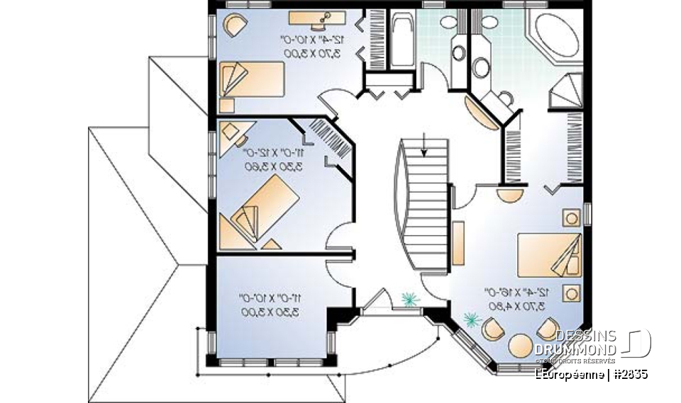Étage - Plan de maison de style manoir avec 3 à 4 chambres, salle familiale et séjour - L'Européenne