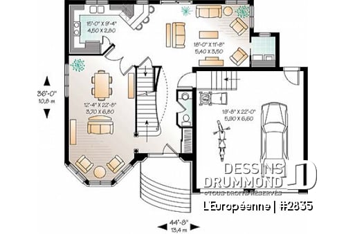 Rez-de-chaussée - Plan de maison de style manoir avec 3 à 4 chambres, salle familiale et séjour - L'Européenne