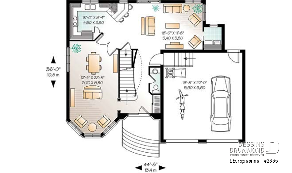 Rez-de-chaussée - Plan de maison de style manoir avec 3 à 4 chambres, salle familiale et séjour - L'Européenne
