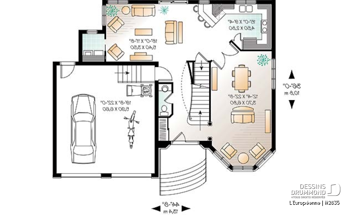 Rez-de-chaussée - Plan de maison de style manoir avec 3 à 4 chambres, salle familiale et séjour - L'Européenne