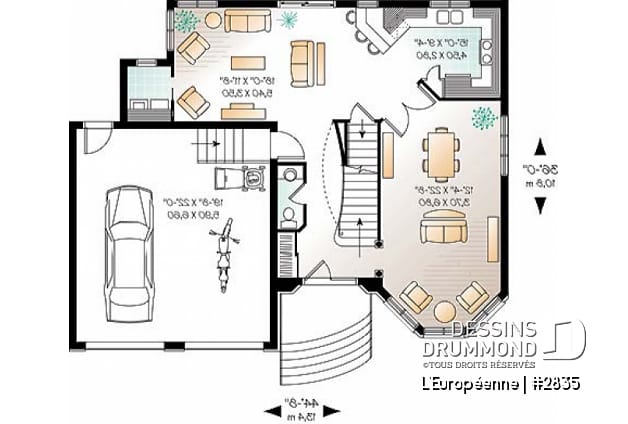 Rez-de-chaussée - Plan de maison de style manoir avec 3 à 4 chambres, salle familiale et séjour - L'Européenne