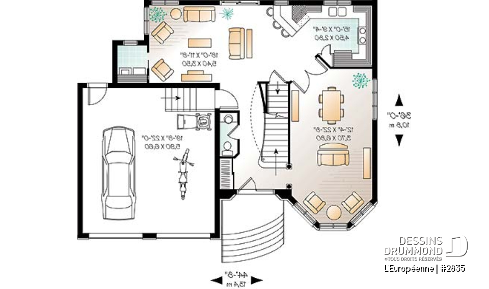 Rez-de-chaussée - Plan de maison de style manoir avec 3 à 4 chambres, salle familiale et séjour - L'Européenne