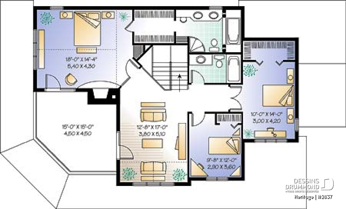 Étage - Plan maison champêtre 3 à 4 chambres, salle familiale à l'étage avec balcon et foyer, garage double - Heritage