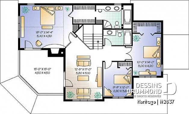Étage - Plan maison champêtre 3 à 4 chambres, salle familiale à l'étage avec balcon et foyer, garage double - Heritage