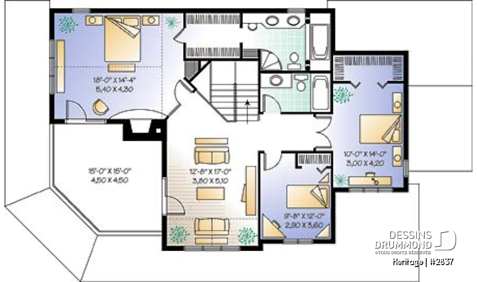 Étage - Plan maison champêtre 3 à 4 chambres, salle familiale à l'étage avec balcon et foyer, garage double - Heritage