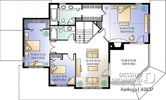 Étage - Plan maison champêtre 3 à 4 chambres, salle familiale à l'étage avec balcon et foyer, garage double - Heritage