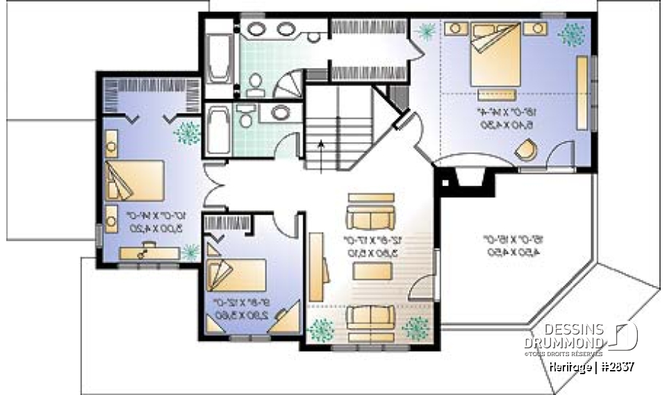 Étage - Plan maison champêtre 3 à 4 chambres, salle familiale à l'étage avec balcon et foyer, garage double - Heritage