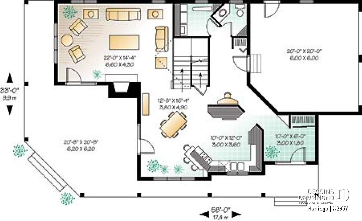 Rez-de-chaussée - Plan maison champêtre 3 à 4 chambres, salle familiale à l'étage avec balcon et foyer, garage double - Heritage