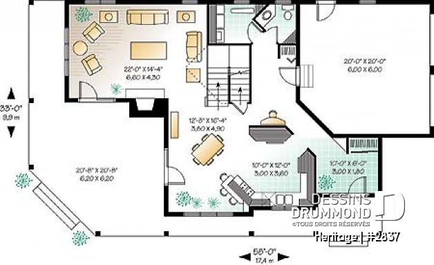 Rez-de-chaussée - Plan maison champêtre 3 à 4 chambres, salle familiale à l'étage avec balcon et foyer, garage double - Heritage