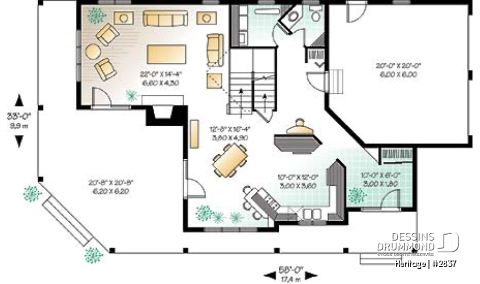 Rez-de-chaussée - Plan maison champêtre 3 à 4 chambres, salle familiale à l'étage avec balcon et foyer, garage double - Heritage
