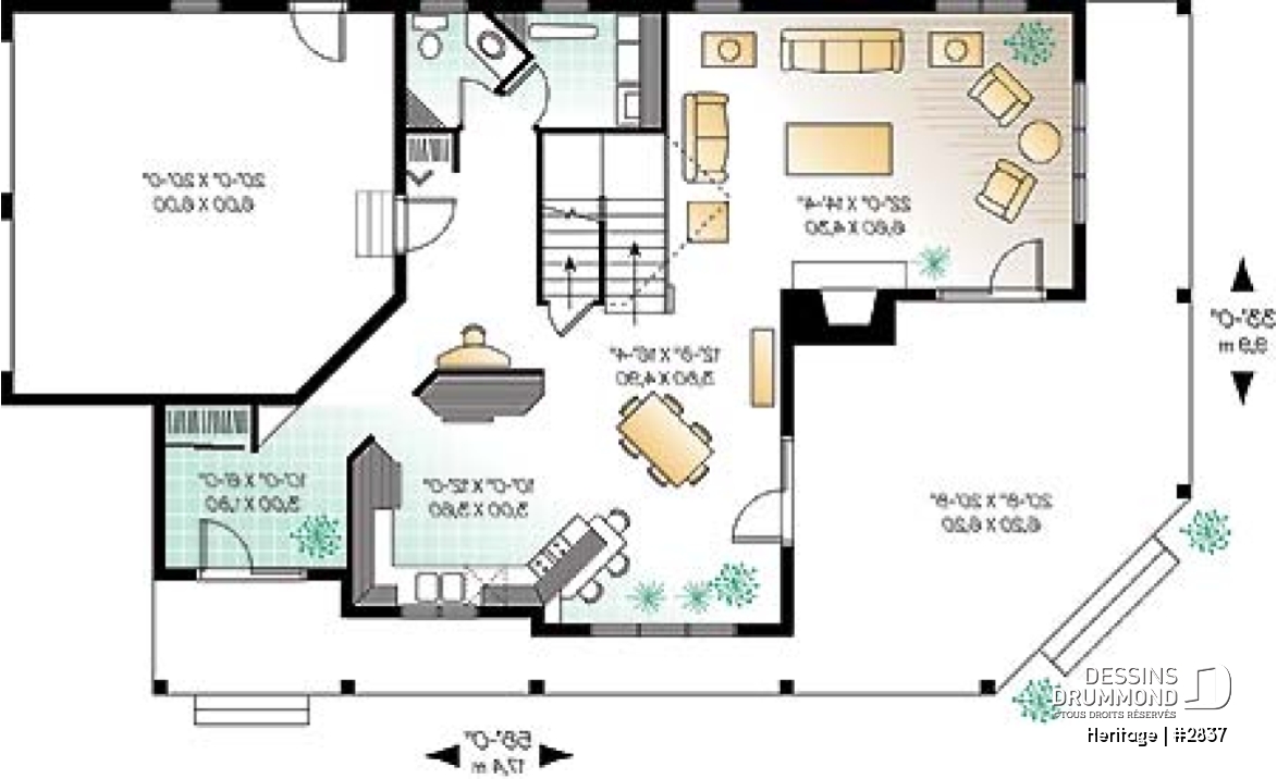 Rez-de-chaussée - Plan maison champêtre 3 à 4 chambres, salle familiale à l'étage avec balcon et foyer, garage double - Heritage
