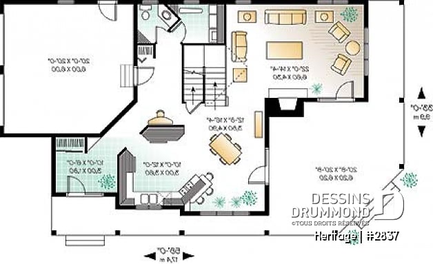 Rez-de-chaussée - Plan maison champêtre 3 à 4 chambres, salle familiale à l'étage avec balcon et foyer, garage double - Heritage